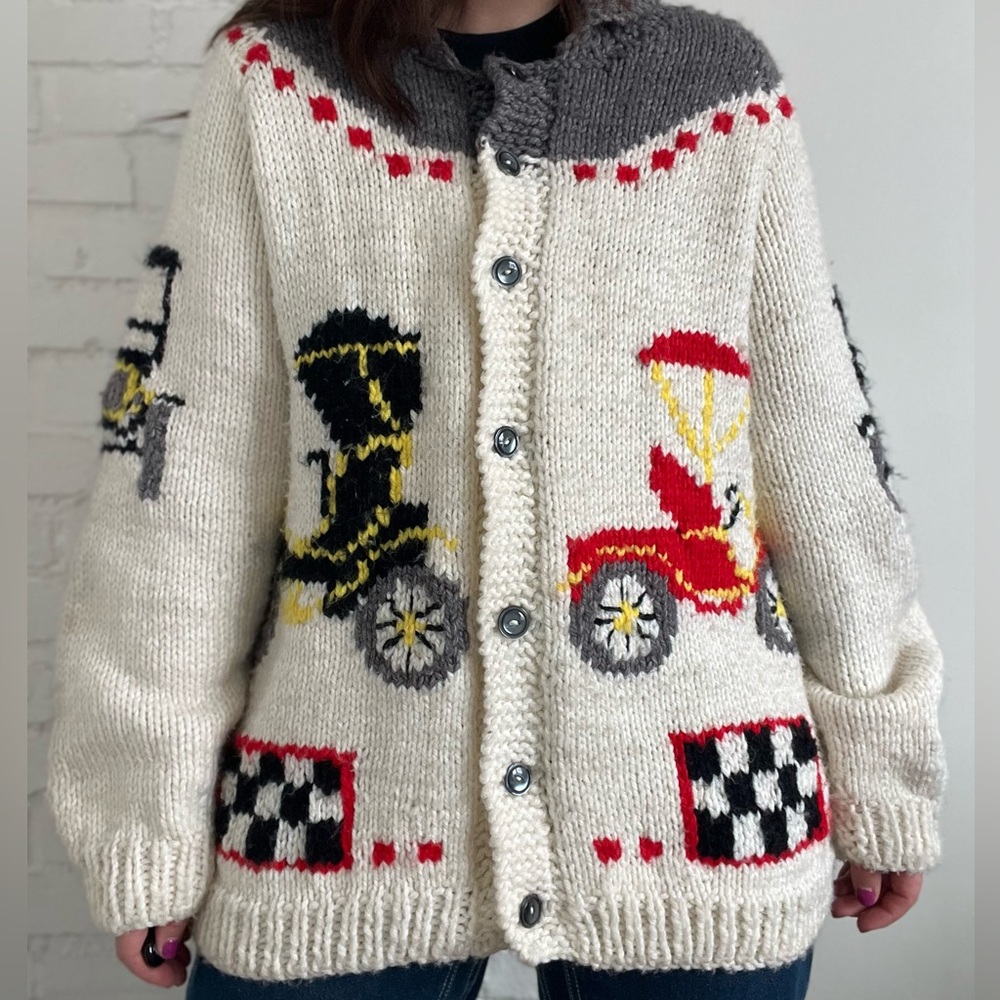 RARE Vintage Cowichan Wool Knit Race Car Sweater - Size L/XL